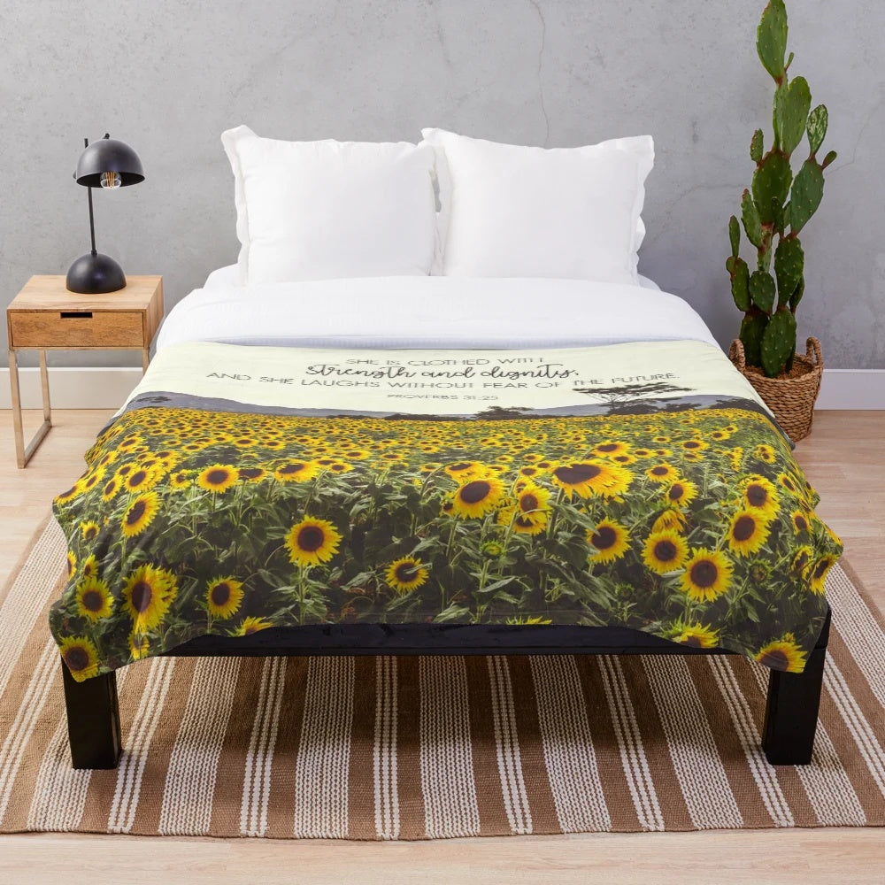 Plush blanket featuring a design with proverbs and sunflowers