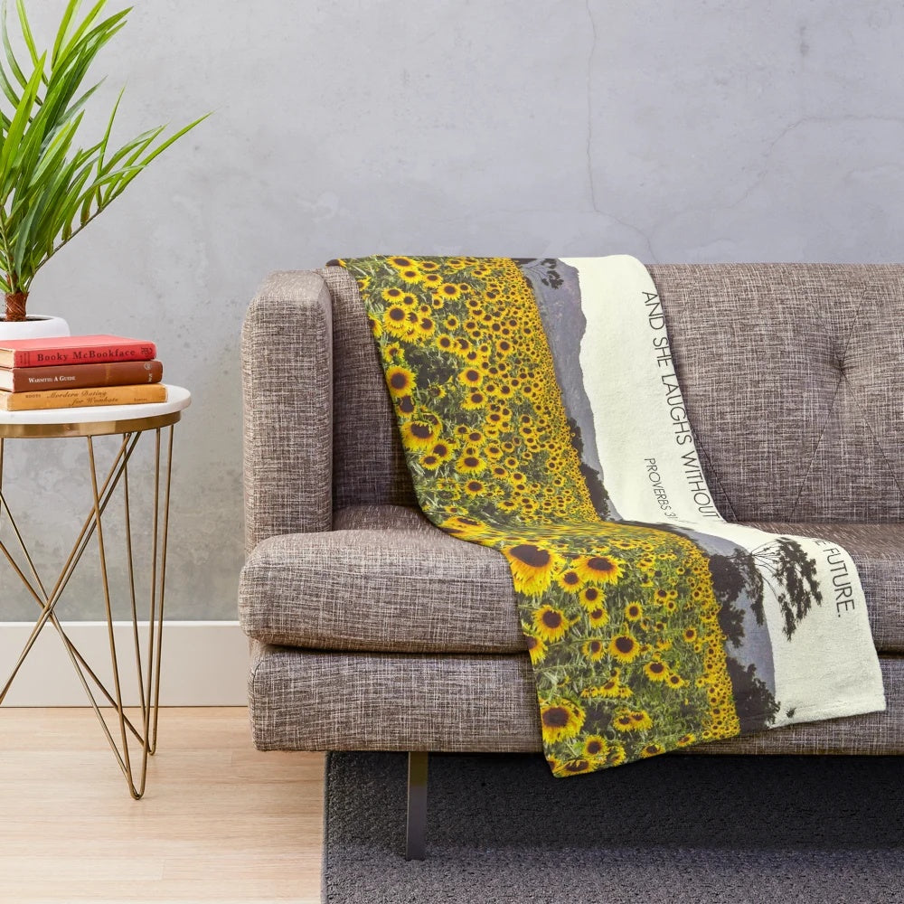 Plush blanket featuring a design with proverbs and sunflowers