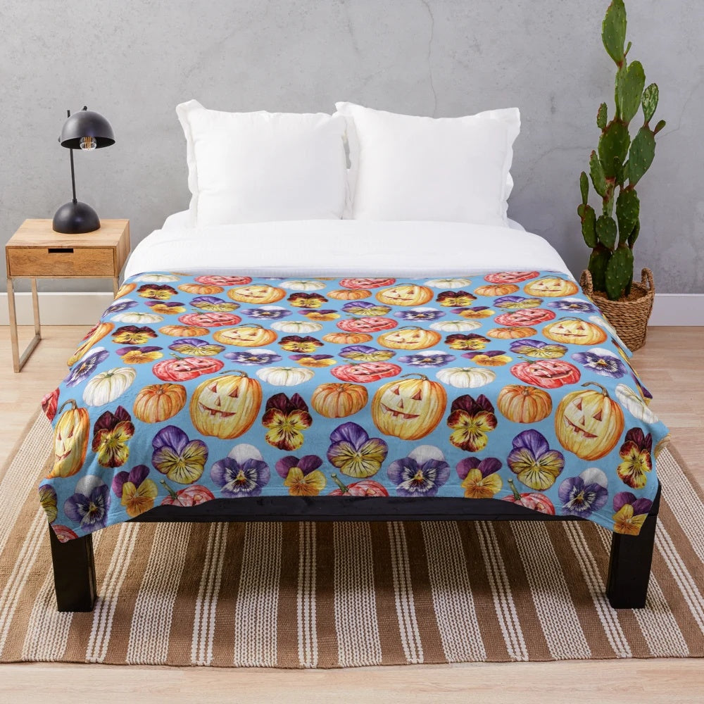 Plush blanket with watercolor pumpkin and pansy floral pattern