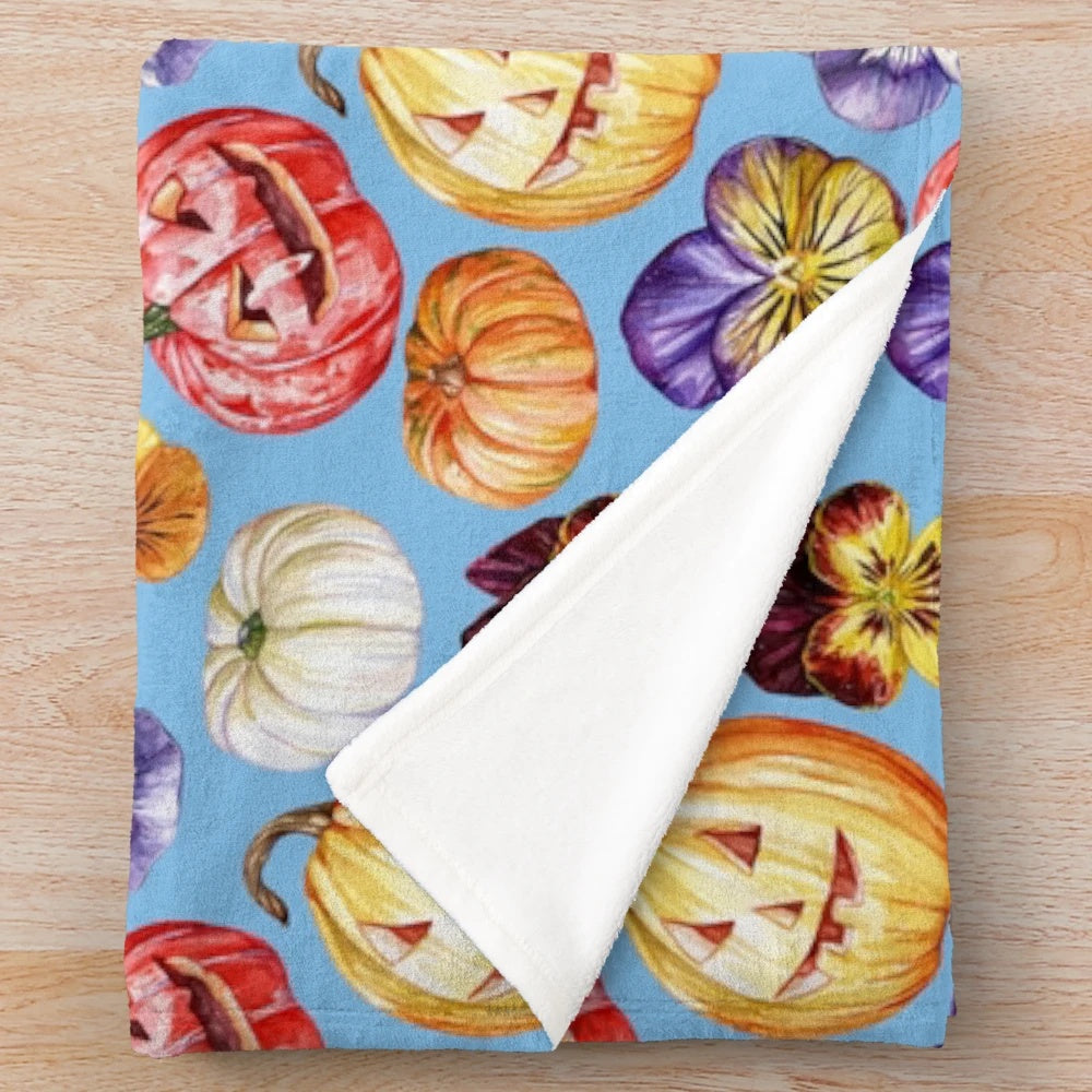 Plush blanket with watercolor pumpkin and pansy floral pattern