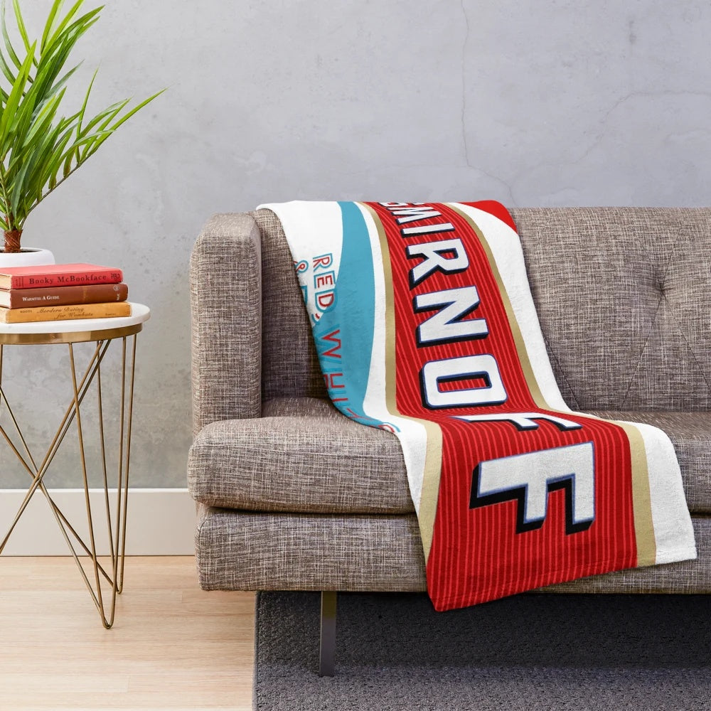 Smirnoff-inspired plush blanket with red, white, and berry colors