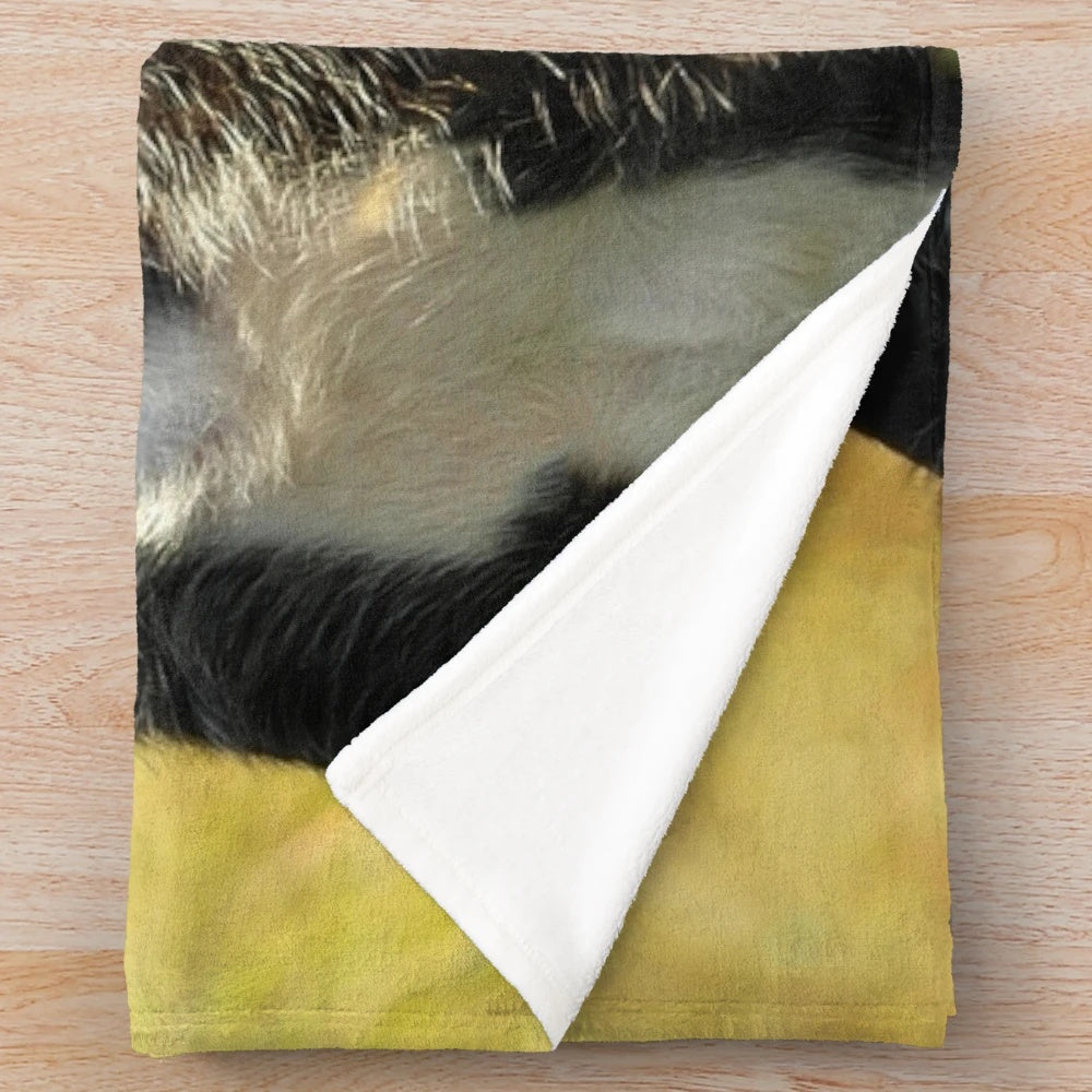 Resting lurcher dog on plush blanket with autumnal countryside background