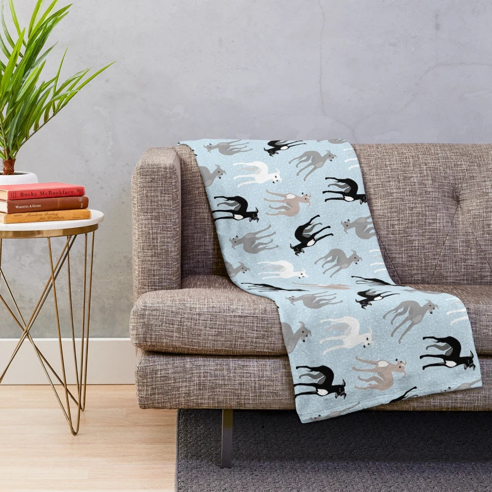 Plush blanket with a retro-style pattern featuring Italian greyhounds and whippets