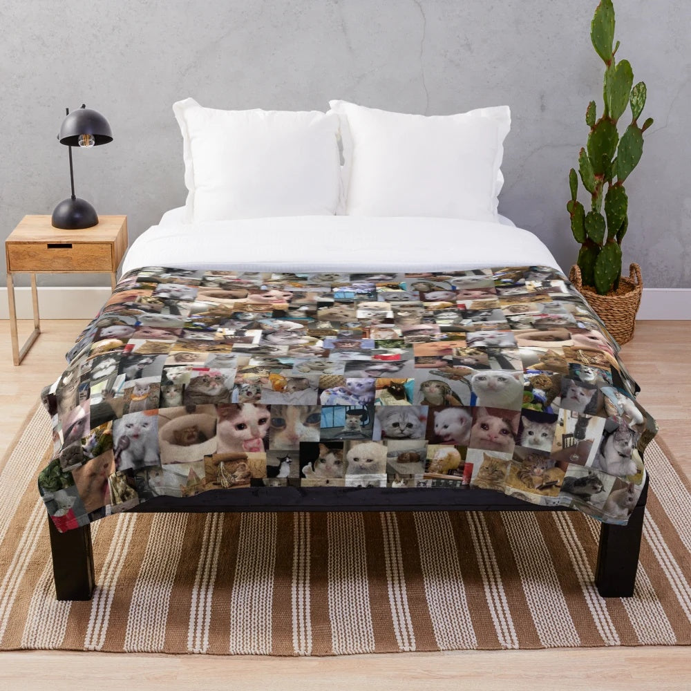 Soft plush blanket featuring sad cats and cat memes