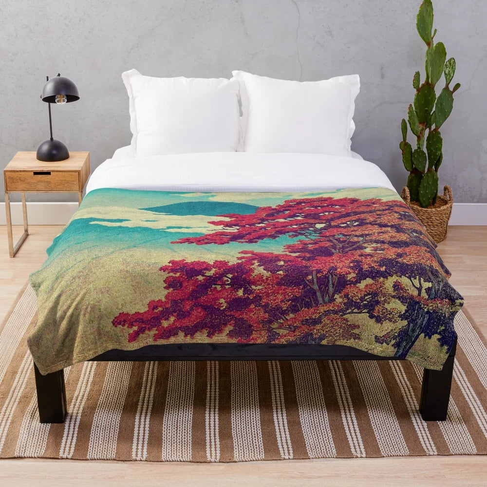 Plush blanket featuring a scenic Japanese landscape with mountains, lake, and clouds