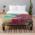 Plush blanket featuring a scenic Japanese landscape with mountains, lake, and clouds