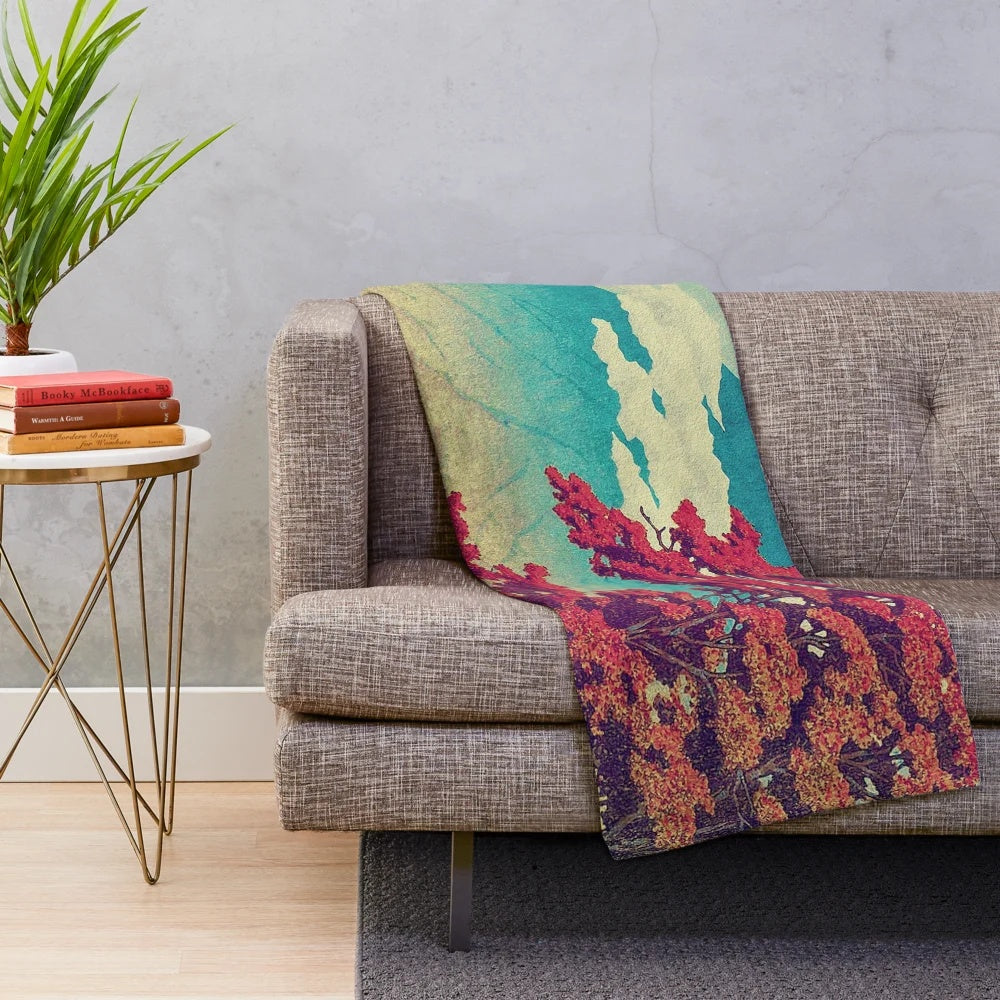 Plush blanket featuring a scenic Japanese landscape with mountains, lake, and clouds