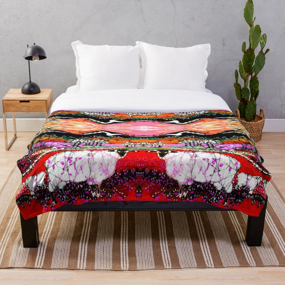 Plush blanket featuring a sheep and lamb in an autumn landscape with mountains and sunset