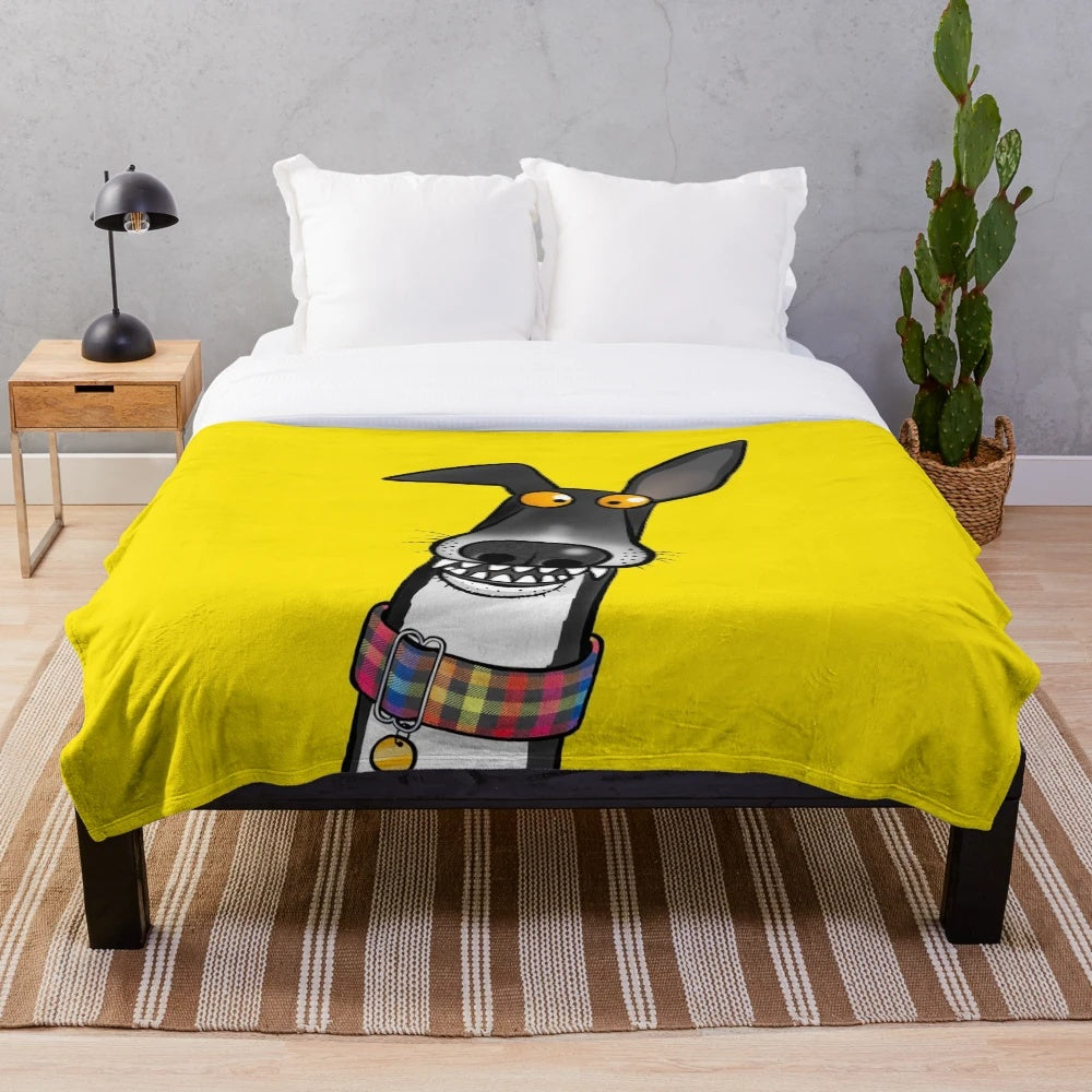 Plush blanket with a cartoon dog design featuring a greyhound, whippet, or lurcher