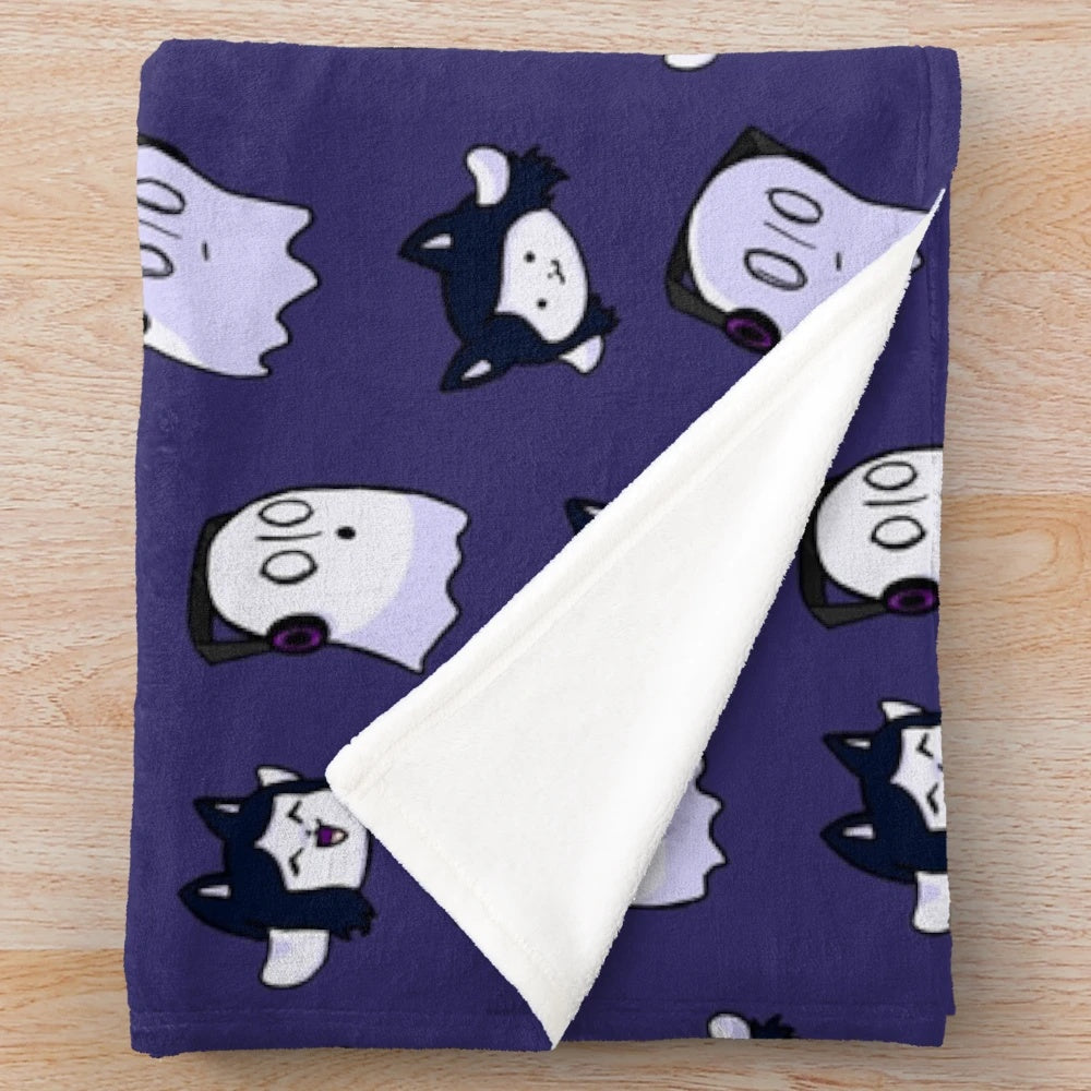 A soft and plush blanket featuring the characters Temmie and Napstablook from the popular video game Undertale.