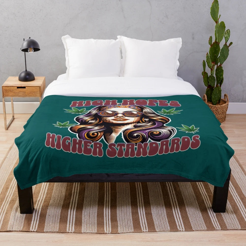 Plush cannabis leaf printed blanket with psychedelic, retro-inspired design