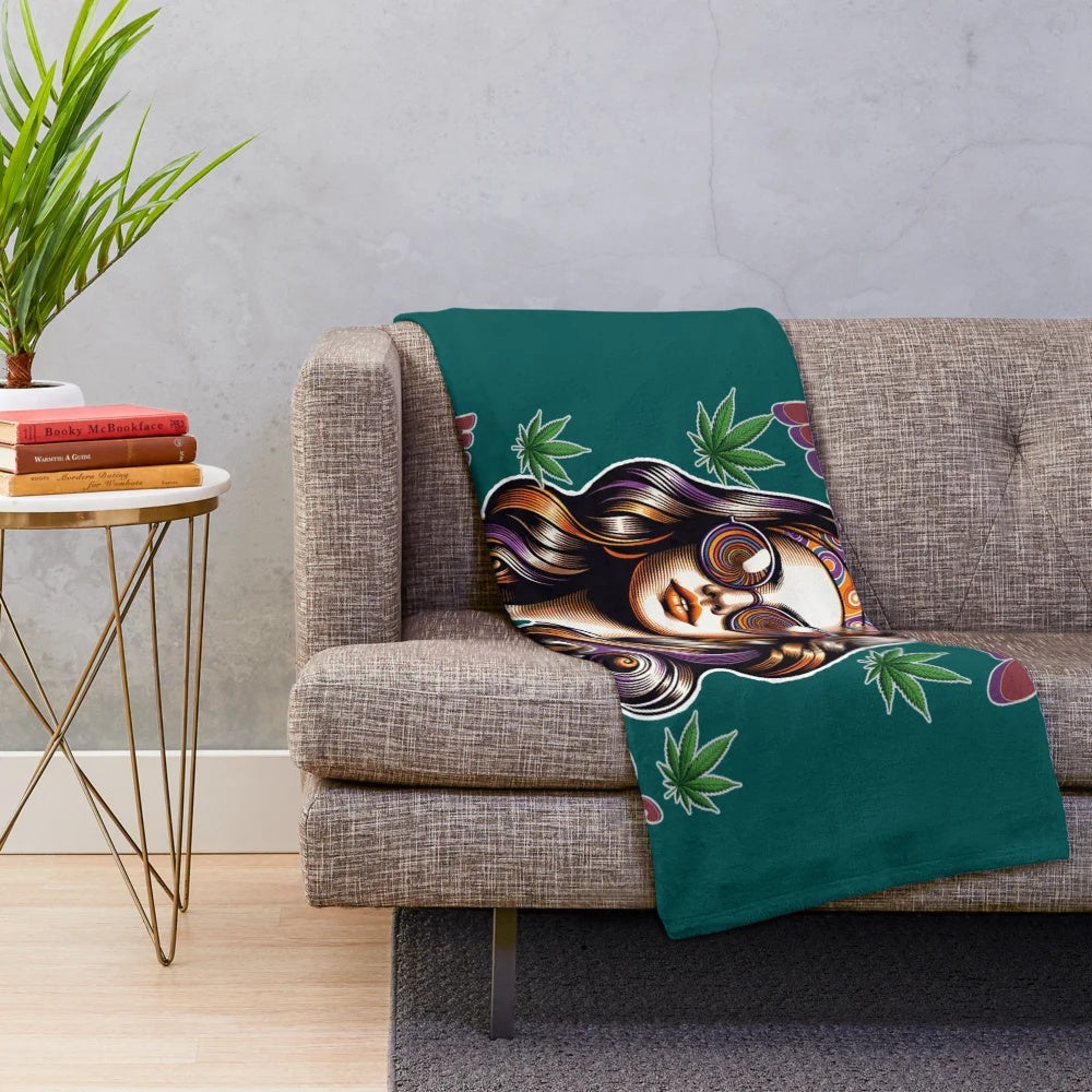 Plush cannabis leaf printed blanket with psychedelic, retro-inspired design