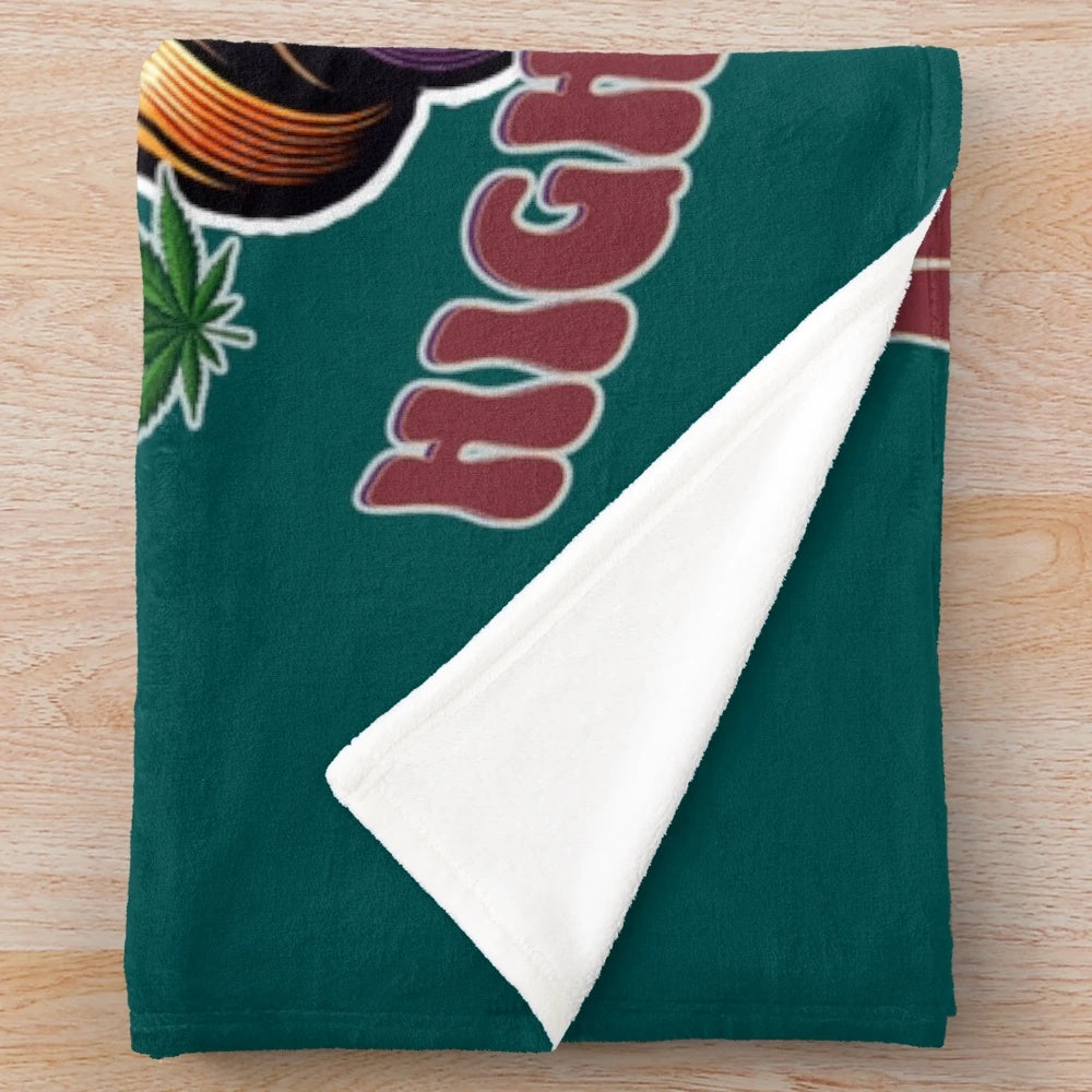 Plush cannabis leaf printed blanket with psychedelic, retro-inspired design