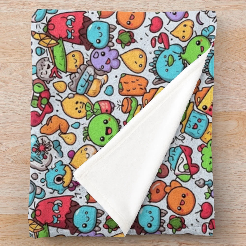 Cozy plush blanket featuring a vibrant abstract pattern with cartoon animals and fruits