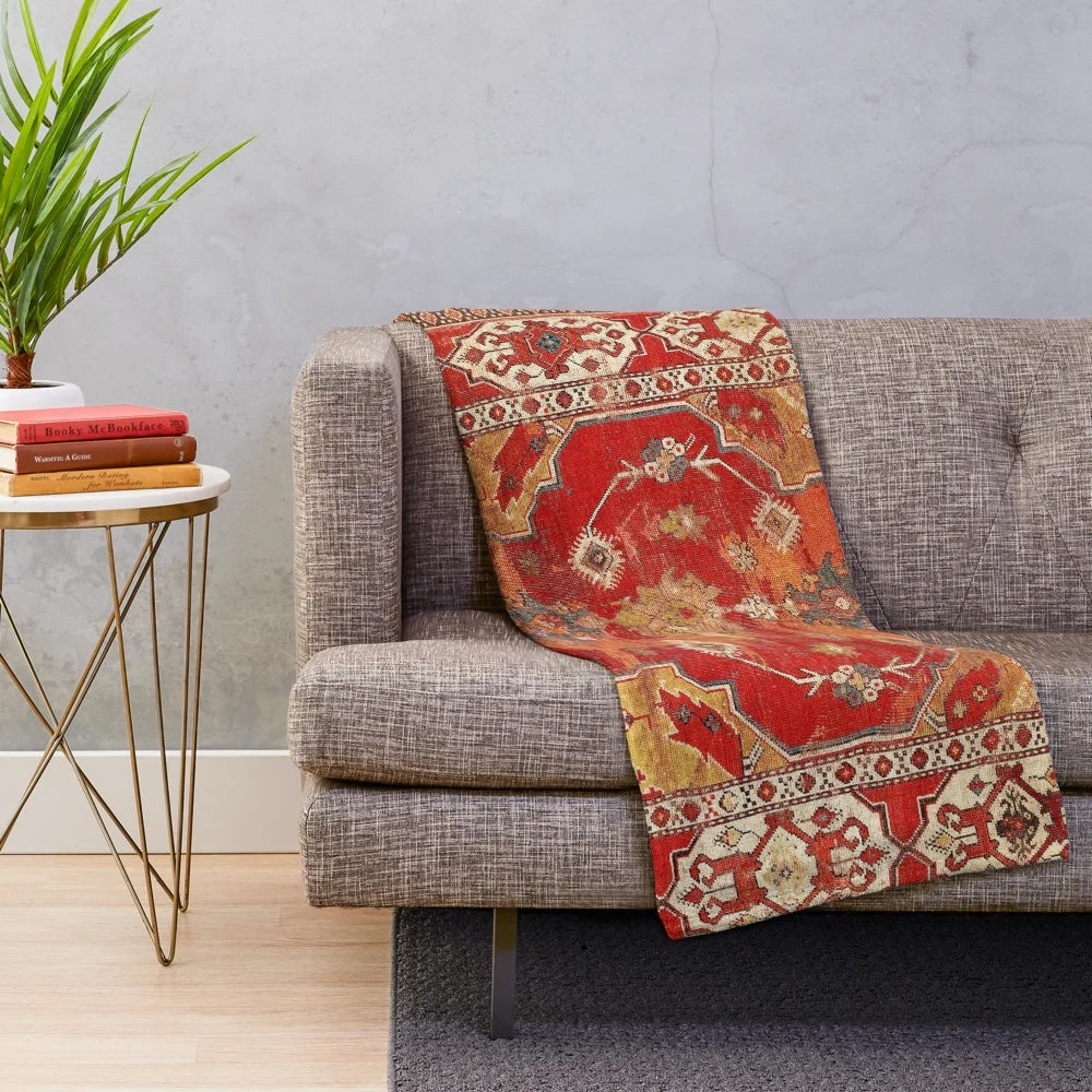 Colorful plush blanket with Anatolian-inspired geometric pattern