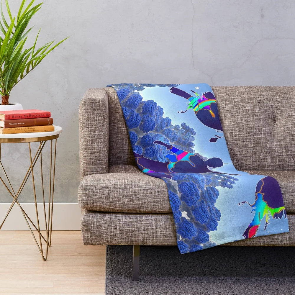 Colorful plush blanket with abstract floral and nature-inspired patterns