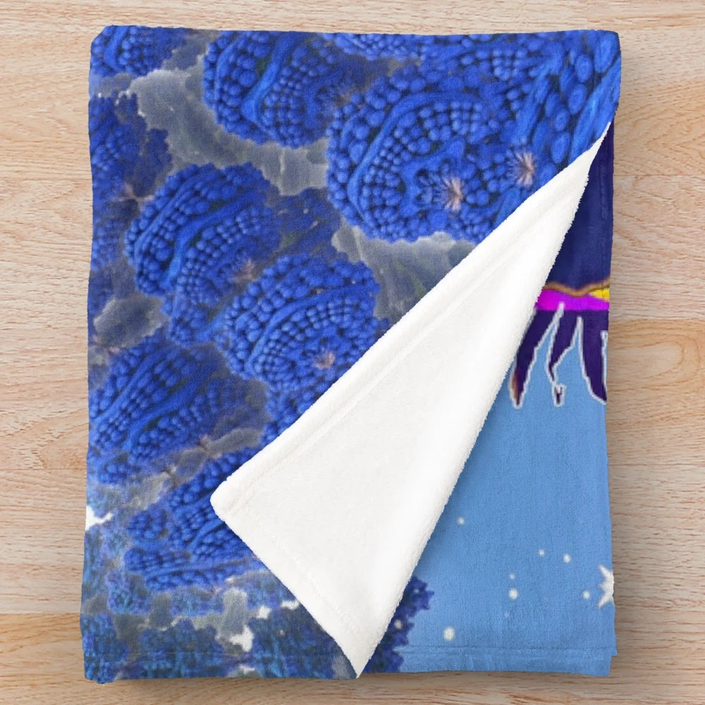 Colorful plush blanket with abstract floral and nature-inspired patterns