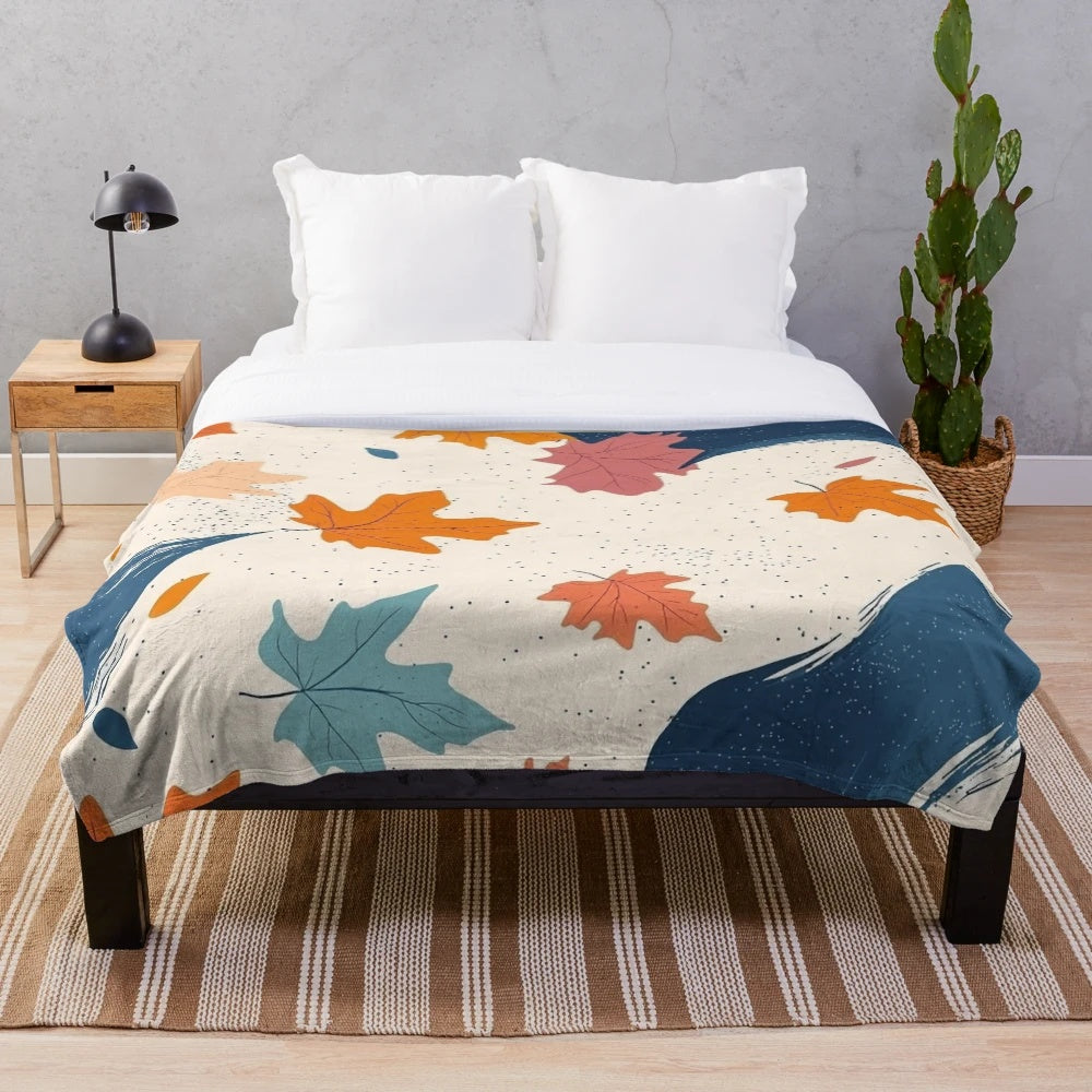 Cozy plush blanket with abstract autumn leaves and whimsical fall pattern