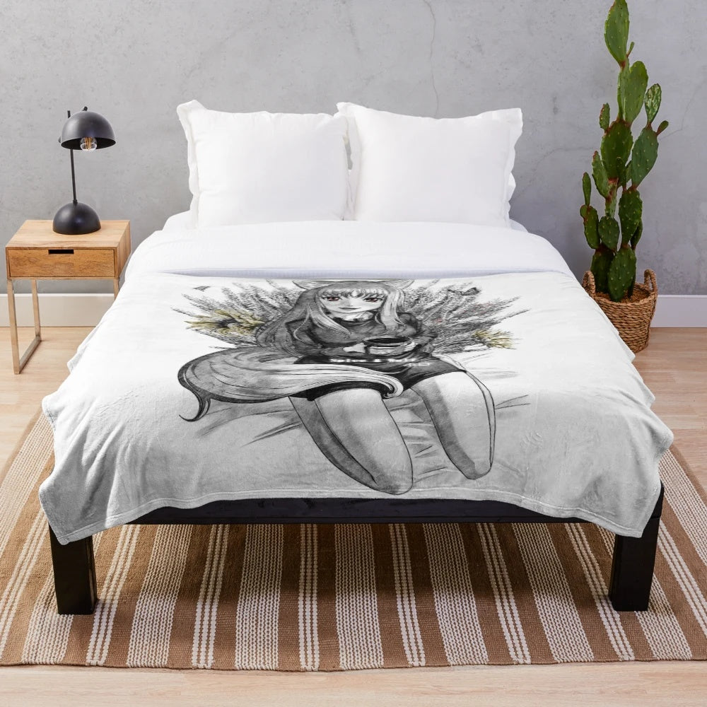 Plush blanket with nature-inspired motifs like sunflowers and berries