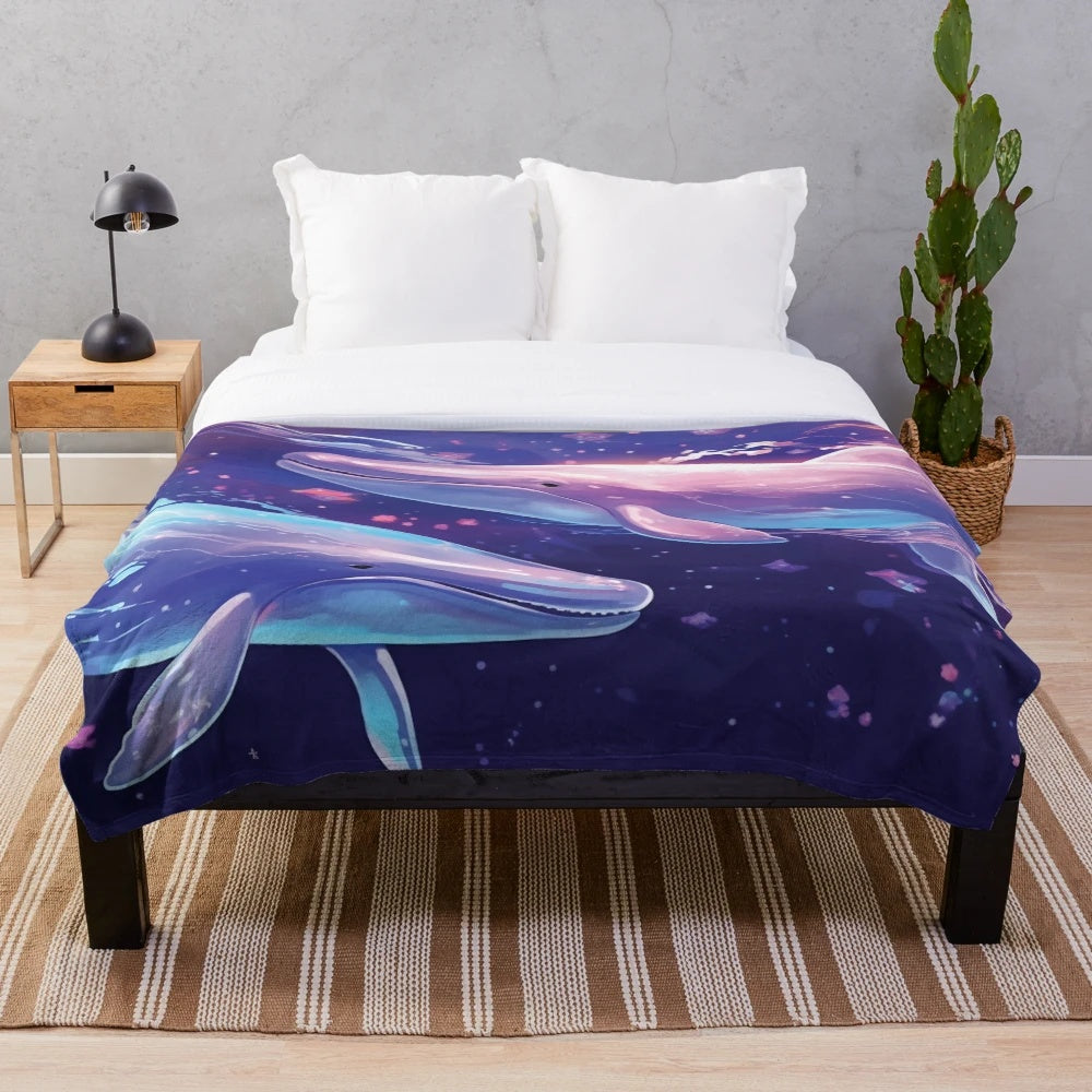 Plush blanket featuring a whale in an abstract, fantasy ocean scene