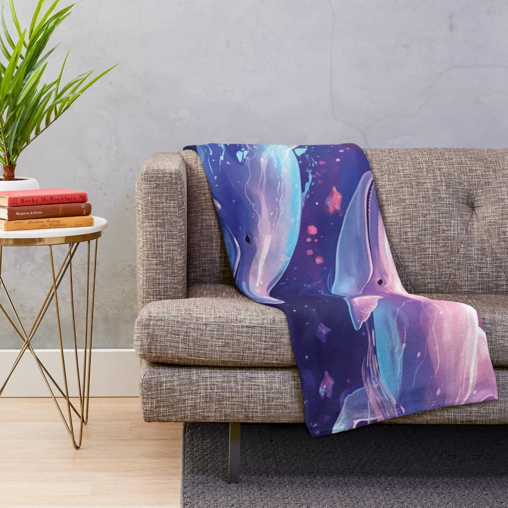 Plush blanket featuring a whale in an abstract, fantasy ocean scene
