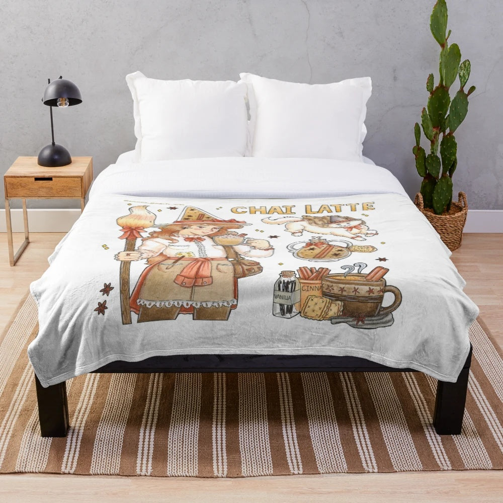 Chai Tea Latte Witch Aesthetic Plush Blanket with Magical Cat, Autumn Vibes, and Retro Anime-Inspired Style