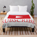 Plush blanket with youtube logo, play button, and subscribe designs