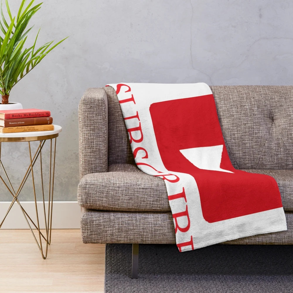 Plush blanket with youtube logo, play button, and subscribe designs