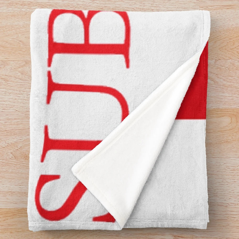 Plush blanket with youtube logo, play button, and subscribe designs