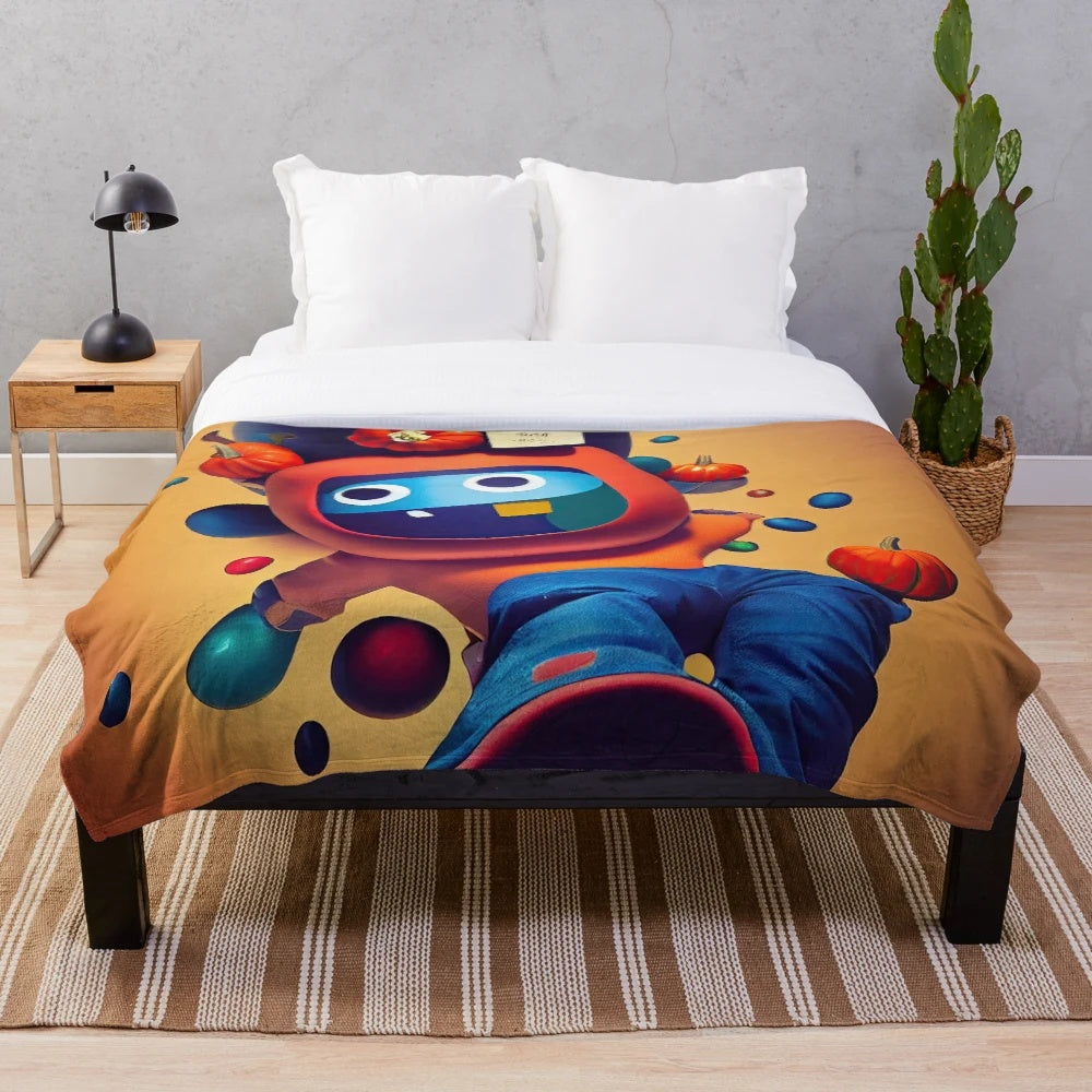 Playful plush blanket with quirky, colorful characters