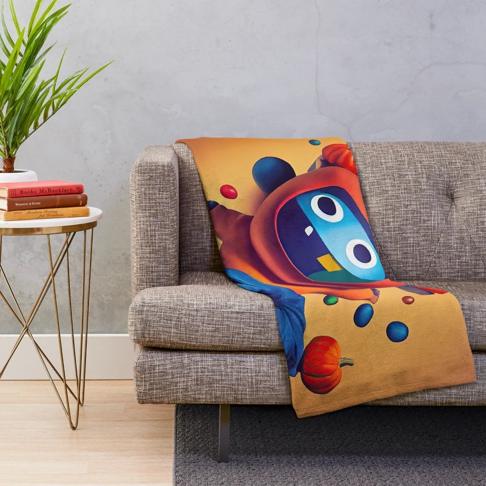 Playful plush blanket with quirky, colorful characters