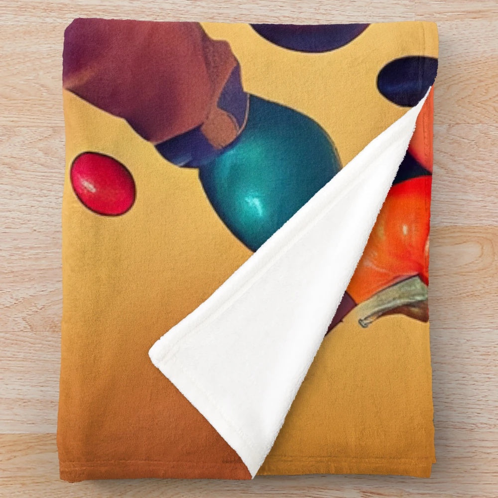Playful plush blanket with quirky, colorful characters