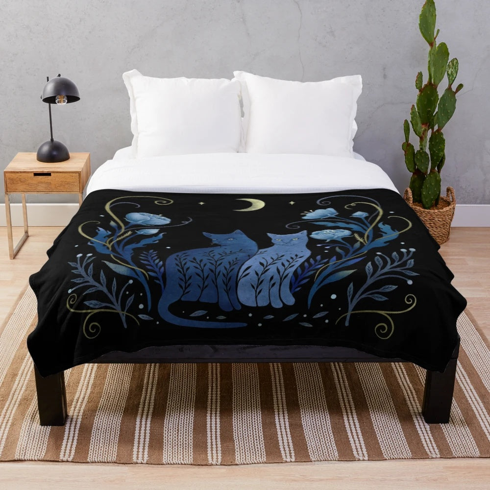 Plush cat-themed blanket with botanical and boho design