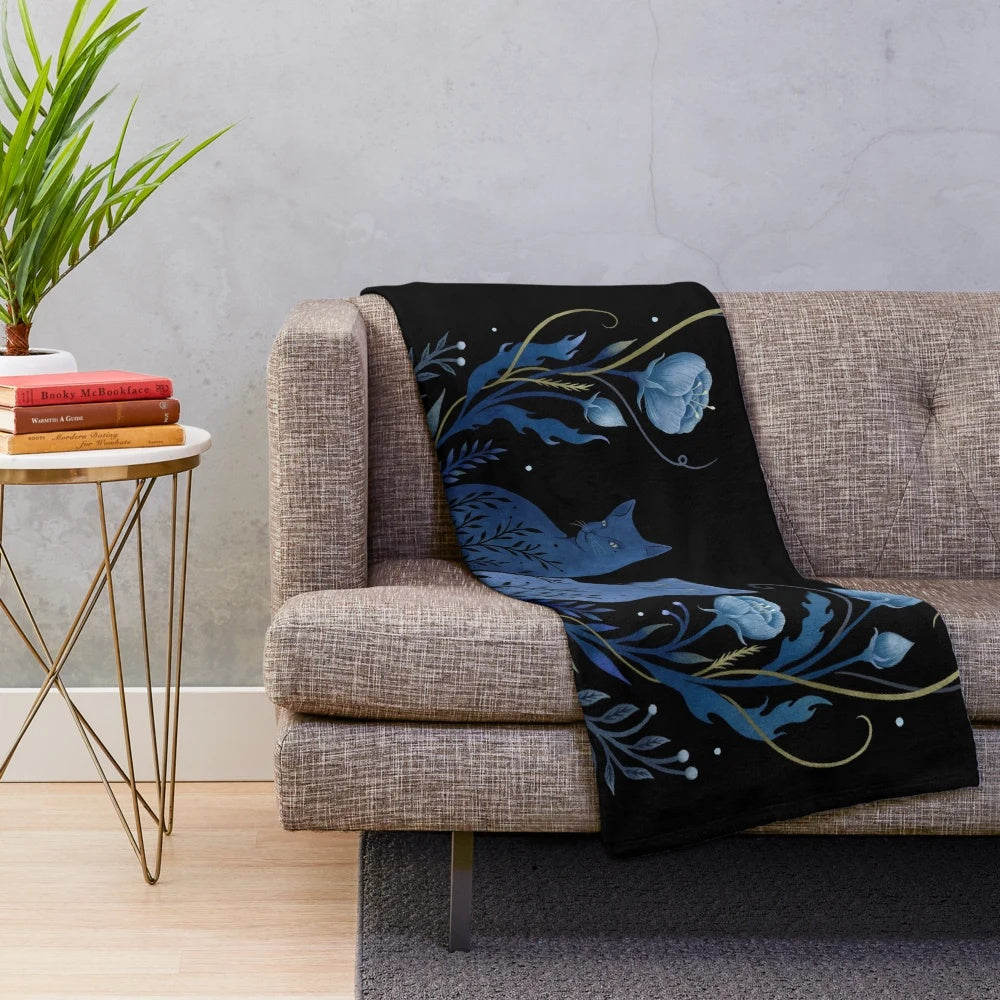 Plush cat-themed blanket with botanical and boho design