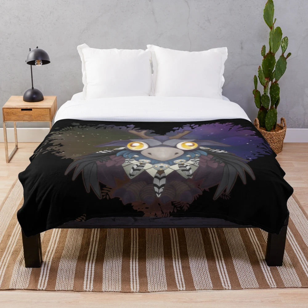 Soft plush druid blanket with cute moonkin mascot design
