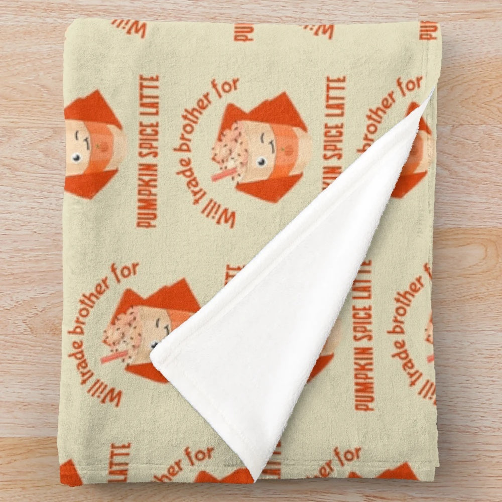 Soft and plush fall-themed blanket with pumpkin spice latte design