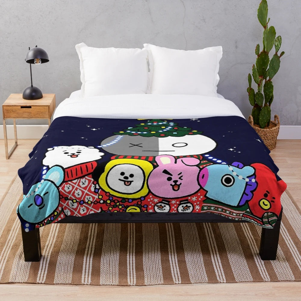 Cozy plush blanket featuring a 'Merry Christmas' design with BTS (Bangtan Sonyeondan) imagery