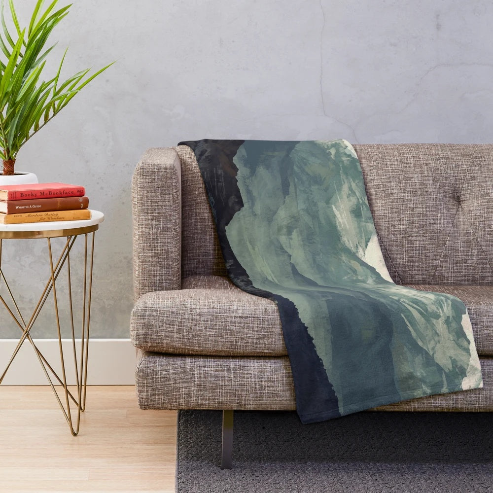 Plush mountain-themed blanket with calming landscape design