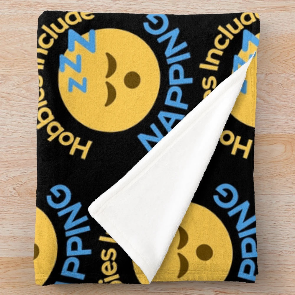 Cozy plush nap blanket with sleeping emoji design