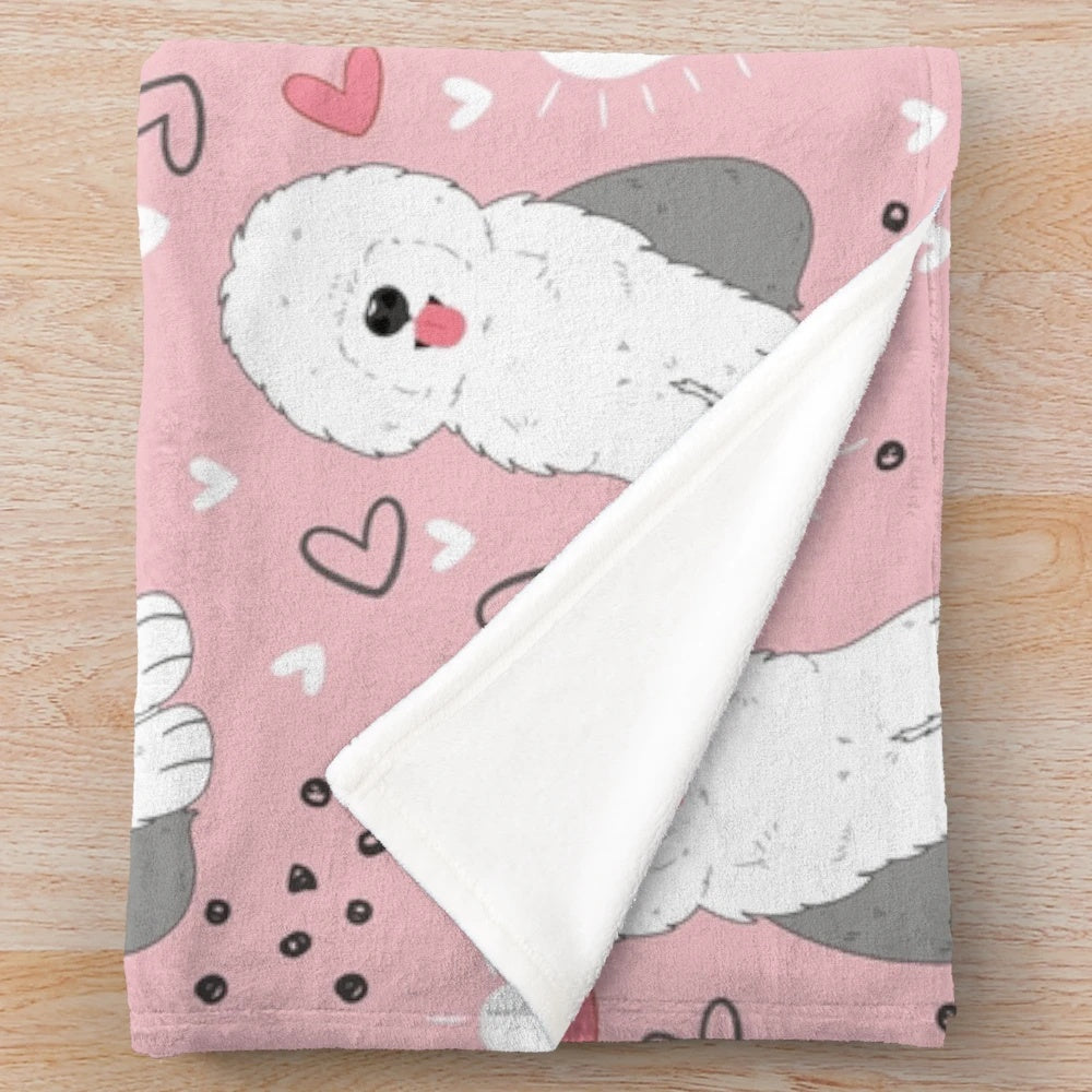 Soft, cuddly plush old English sheepdog puppy blanket in gray and white