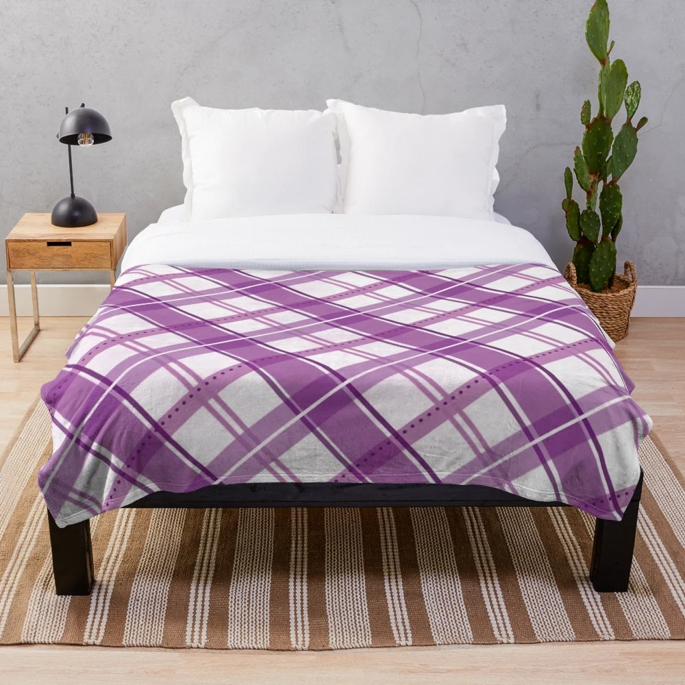 Soft and warm tartan plaid patterned plush blanket in purple and white