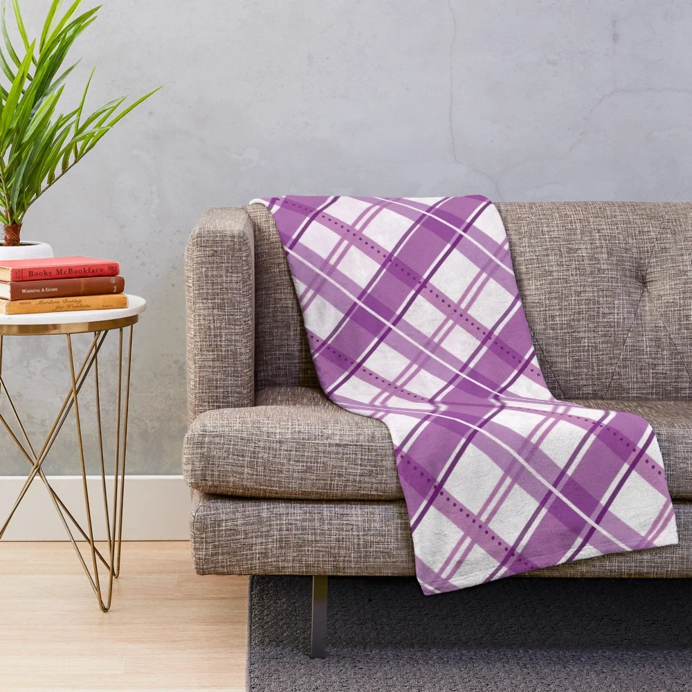 Soft and warm tartan plaid patterned plush blanket in purple and white