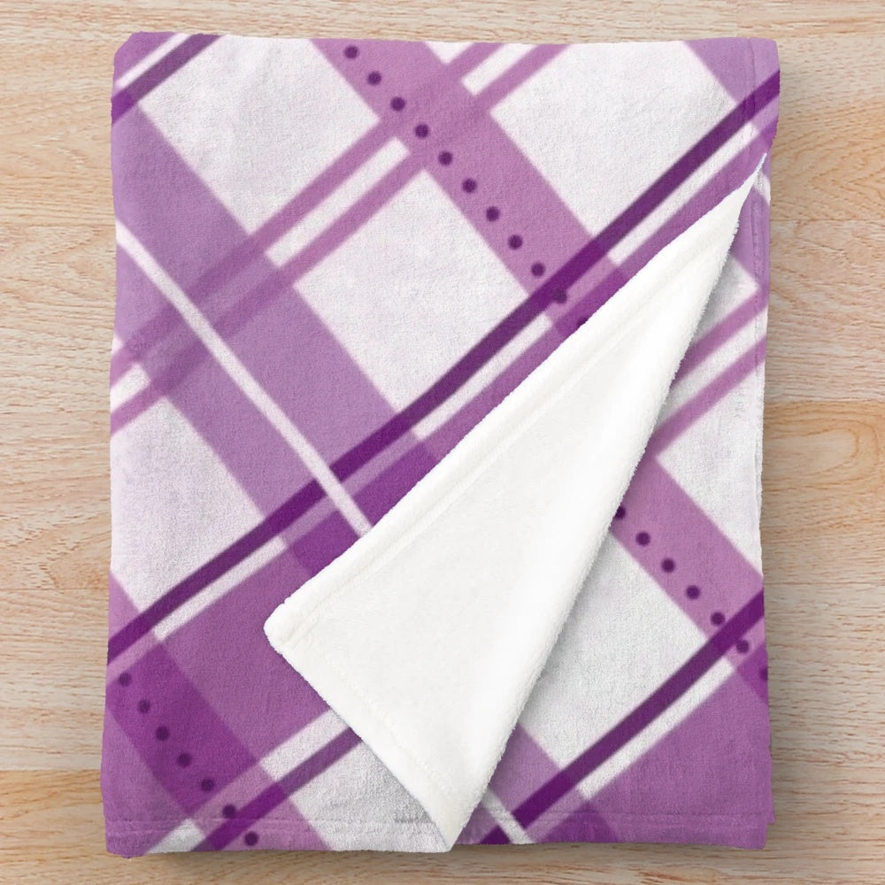 Soft and warm tartan plaid patterned plush blanket in purple and white