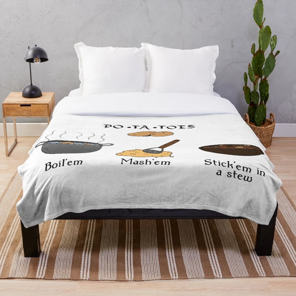 Cozy "PO-TA-TOES" themed plush blanket featuring a typography design inspired by the Lord of the Rings film series