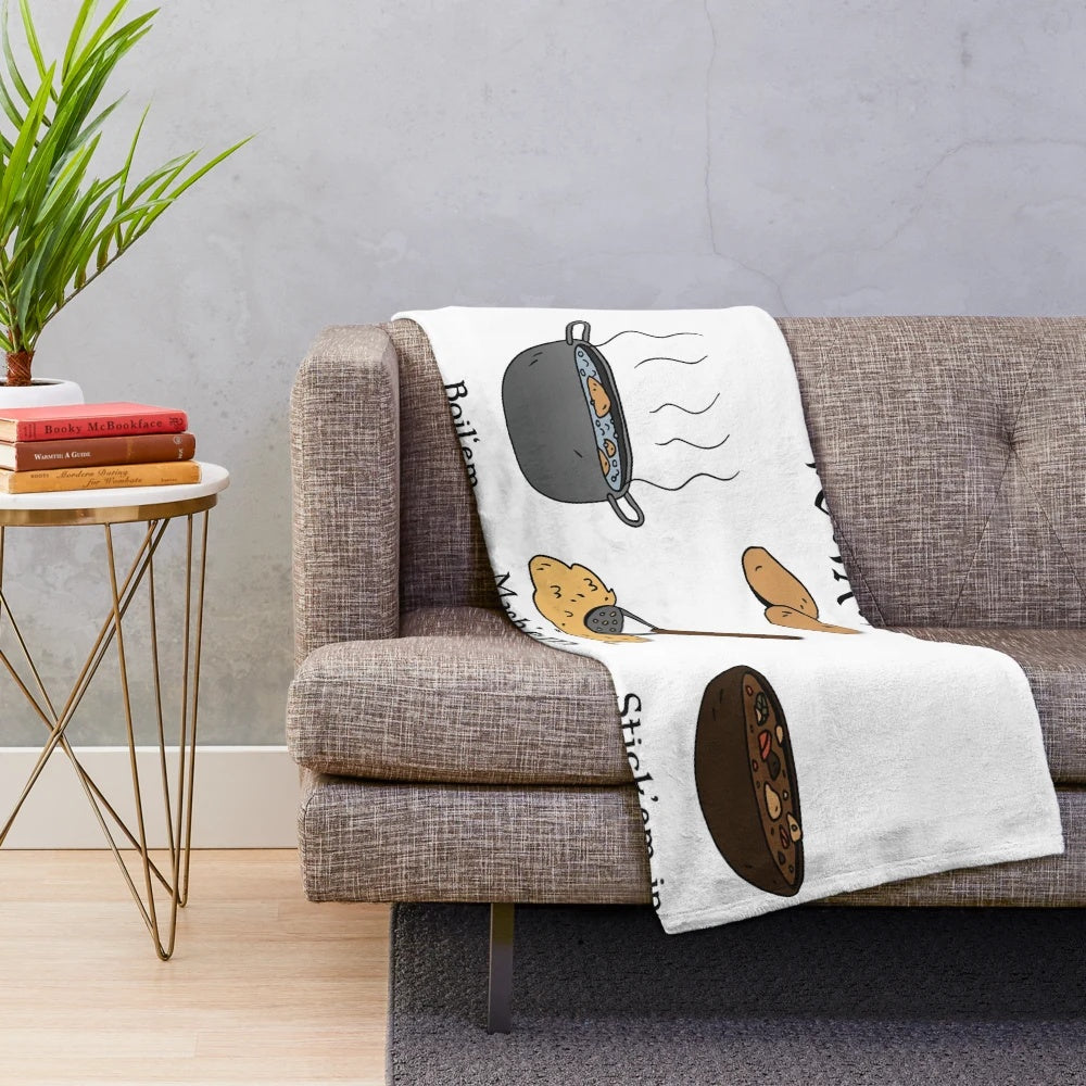 Cozy "PO-TA-TOES" themed plush blanket featuring a typography design inspired by the Lord of the Rings film series