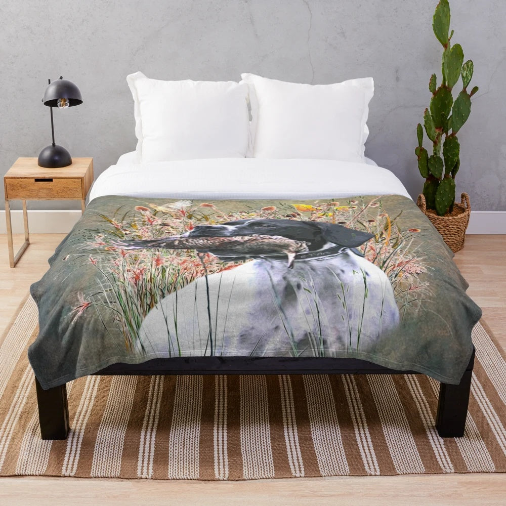 Pointer dog plush blanket with hunting theme