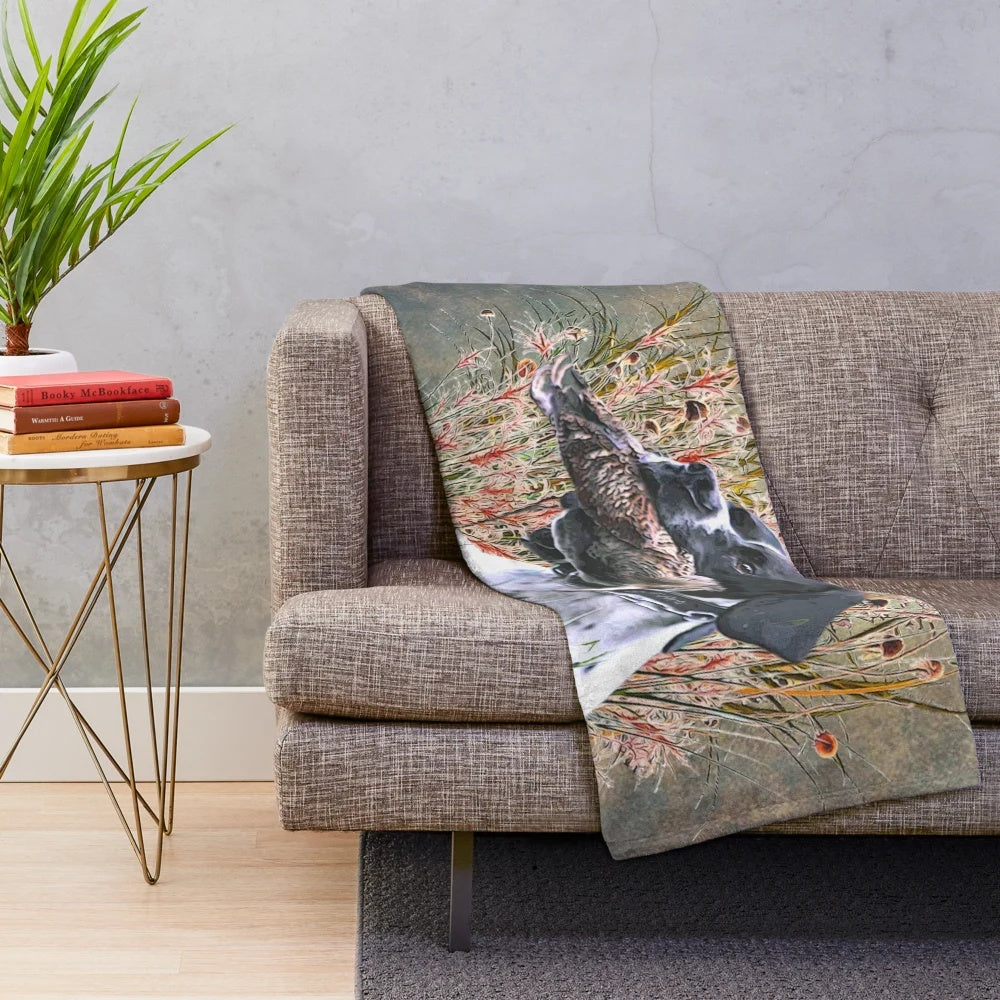 Pointer dog plush blanket with hunting theme