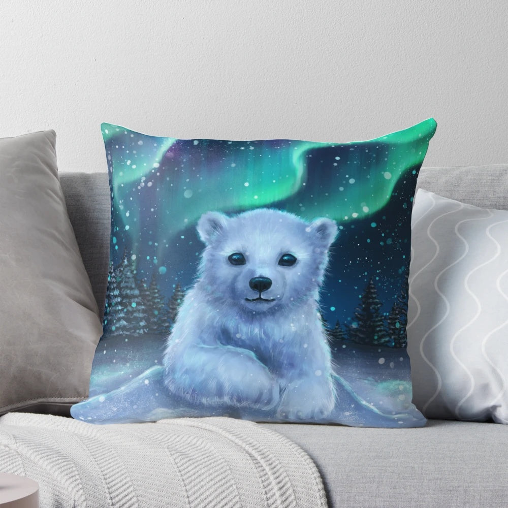 A soft, plush polar bear pillow with a beautiful night sky and aurora borealis design