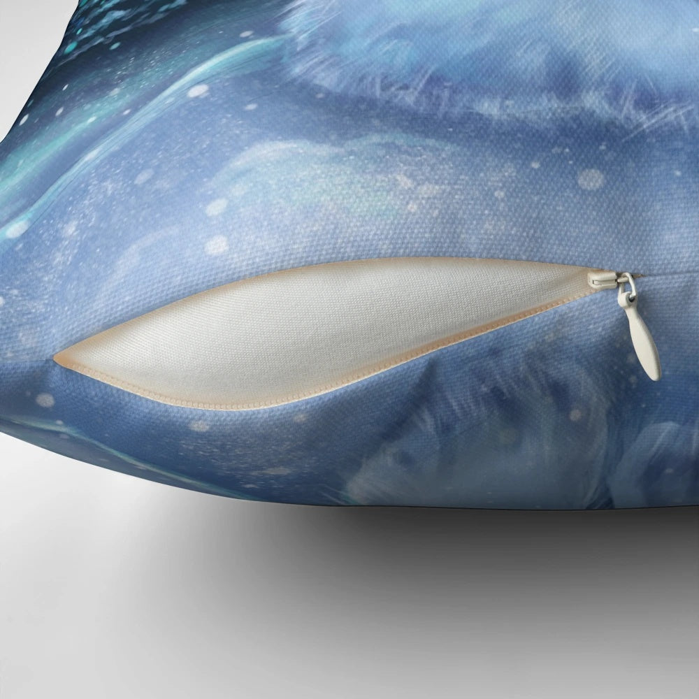 A soft, plush polar bear pillow with a beautiful night sky and aurora borealis design