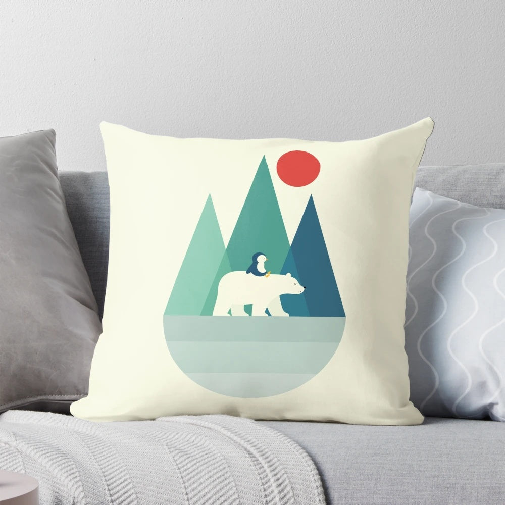 Soft, plush pillow pod in the shape of a polar bear with geometric patterns
